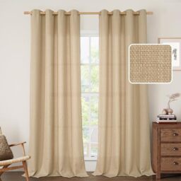 LAMIT Natural Linen Curtains for Living Room 84 Inch Length, Grommet Light Filtering Bedroom Cotton Curtains Privacy Burlap Window Panels for Farmhouse, 2 Panels, Tan, 52 x 84 Inch