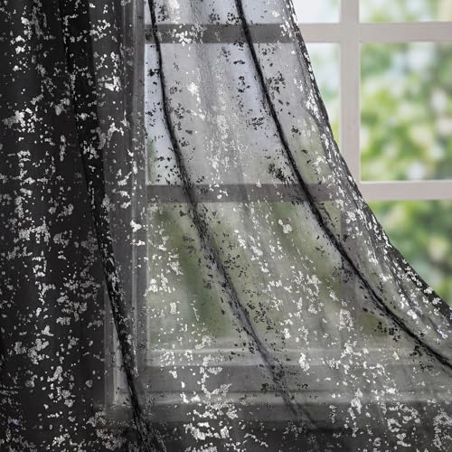 "Horaldaily Black Sheer Curtains for Living Room and Bedroom, Sliver Sequin Glitter Metallic Foil, Scenery Light Filtering Window Curtains, 52"" W x 84"" L, Set of 2 Curtain Panels"