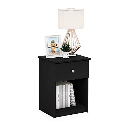 Furinno TIDUR Night Stand, Nightstand with Drawer, Bedside Table, End Table, Side Table with Storage Shelf, Knob Handle Drawer, for Bedroom, Living Room, Black Oak