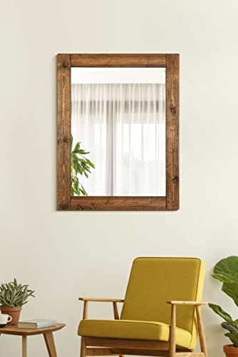 MirrorOutlet Large Solid Natural Wood Wall Mounted Mirror 4Ft X 3Ft2, 122cm X 97cm, 118x92, Brown