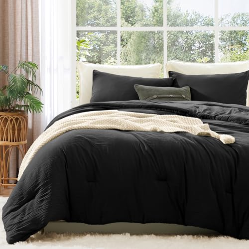 WRENSONGE Queen Size Comforter Sets, 3 Piece Black Soft Microfiber Bed in a Bag Queen(1 Fluffy Comforter with 2 Pillow Shams) - Warm Queen Comforter Bedding Set Suitable for All Seasons