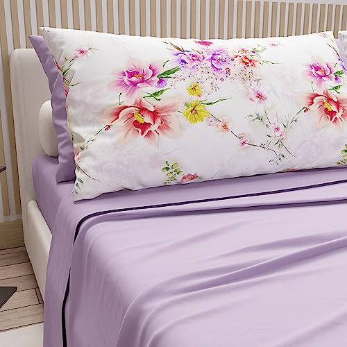 PETTI Artigiani Italiani - Double Bed Linen in Cotton with Pillowcases in Digital Print, for Double Bed, Complete Fitted Sheet Top and Bottom Sheet, Lilac, 100% Made in Italy