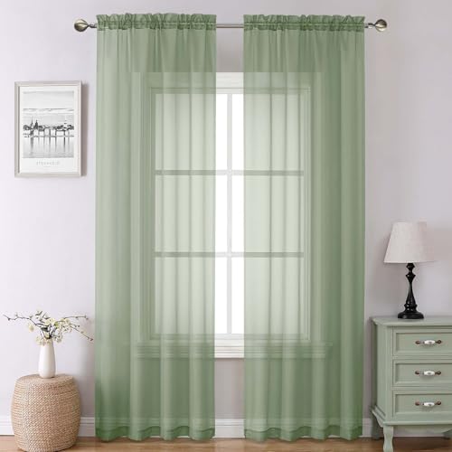 "Lecloud Sage Green Sheer Curtains 90 Inches Long 2 Pcs, Modern Solid Voile Light Filtering Drapes, Airy Privacy Window Curtains with Rod Pocket for Dining Room/Bedroom/Living Room, Each 42"" W x 90"" L"