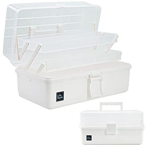 Creahaus 13inch 3 Layer Multipurpose Storage Box, Craft Storage Box with Compartments, Plastic Tool Box, Medicine storage box, Hair Accessories Organiser, Sewing Box with 2 Trays (White)