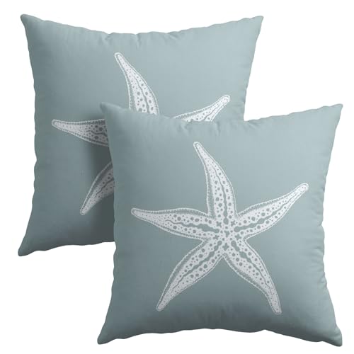 Anyako Grayish Blue Starfish Throw Pillow Covers 18X18 Inches Set of 2, Nautical Coastal Beach Theme Pillowcase Soft Cotton Linen Square Summer Cushion Covers for Home Couch Sofa Bedroom