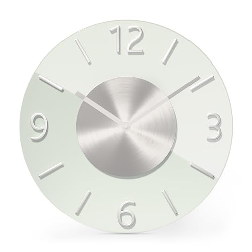 Mebus Quartz Wall Clock, Quiet Movement - No Tick-Tack Noise, Precise Quartz Movement, Glass and Elegant, 3D Aluminium Numerals, Aluminium Hands, Colour: White/Silver, 32 cm