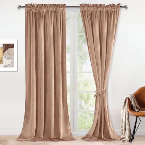 Hiasan Beige Velvet Curtains for Living Room - 96 inches Long Light Blocking Soft Curtain Panels Privacy Rod Pocket Window Drapes with Tiebacks for Bedroom/Sliding Glass Door, 52W x 96L, 2 Panels