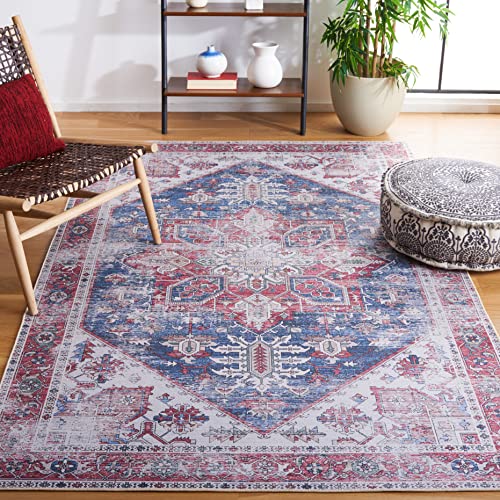 Safavieh Traditional Rug Ideal for High Traffic Areas - Machine Washable and Non Slip - Tucson Collection, Short Pile, in Navy and Red, 152 X 244 cm