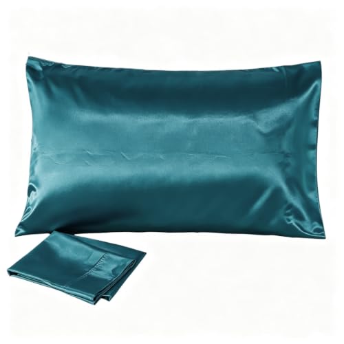 Juwenin Bedding,Super Soft and Luxury Silky Satin Pillowcase with Zipper (Silky Satin Pillow Case for Hair) Set of 2 (Teal, King(20''x36'))