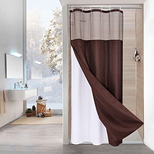 MitoVilla Brown Small Stall Shower Curtain 36 x 72, Narrow Half Size Weave Fabric Shower Curtain Set with Water-Repellent Snap-in Liner for Modern Neutral Hotel Bathroom Decor