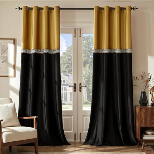 GIGIZAZA Velvet Curtains 96 Inch for Living Room 2 Panels Gold Black - Light Blocking Drapes,280gsm Thick Soft Fabric,Luxury Window Treatment Curtain for Bedroom,Modern Decor,Grommet Top