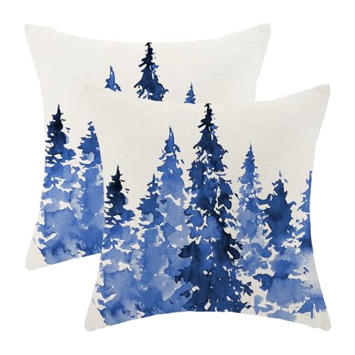AEIOAE Christmas Pillow Covers 20 X 20 Inch Set of 2, Blue Christmas Trees Decoration Throw Pillow Covers Holiday Farmhouse Winter Pillowcase for Couch Home Sofa Indoor Outdoor Decor