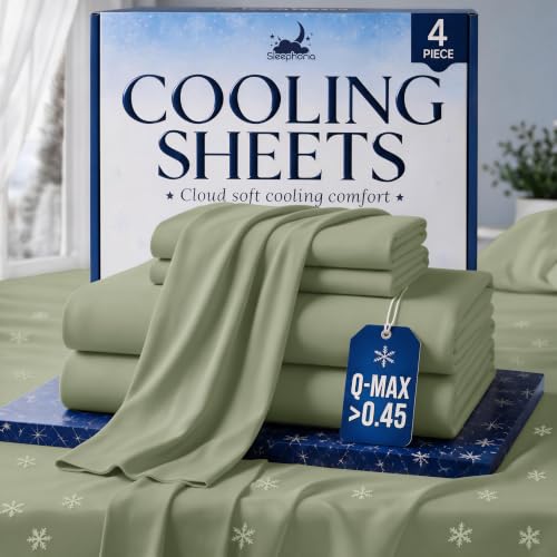 SLEEPHORIA 4 PC Cooling Sheets King Size Bed Set - Temperature Regulating Bedding for Hot Sleepers - Deep Pocket Cooling Bed Sheets King for Night Sweats and All-Night Cool Comfort (Sage Green)