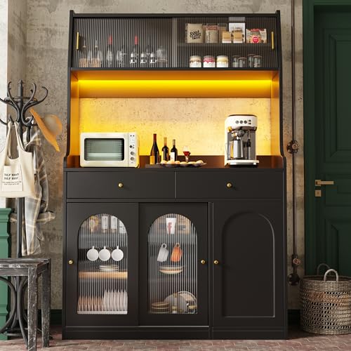 Ball & Cast Tall Kitchen Cabinet Black Sideboard & Buffet Cabinet 120×40×180 cm, Glass Sliding Doors, 2 Drawers, Adjustable Shelves & LED Lighting, Modern Display Storage Cabinet
