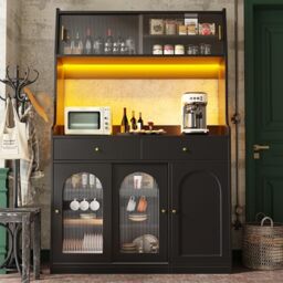 Ball & Cast Tall Kitchen Cabinet Black Sideboard & Buffet Cabinet 120×40×180 cm, Glass Sliding Doors, 2 Drawers, Adjustable Shelves & LED Lighting, Modern Display Storage Cabinet