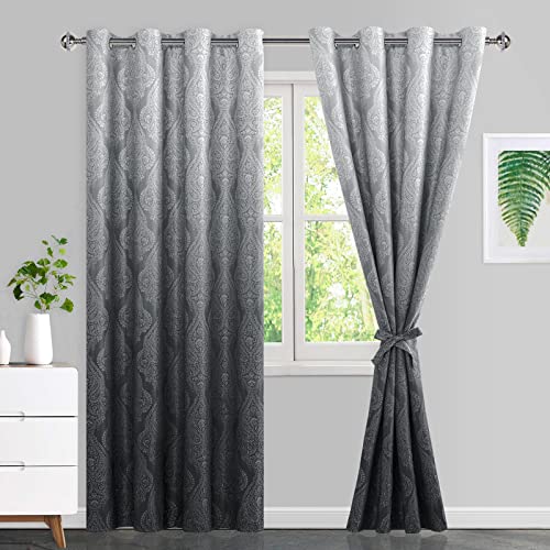 JIUZHEN Ombre Blackout Curtains with Tiebacks???Damask Patterned Thermal Insulated Room Darkening Grommet Curtains for Bedroom, 52 x 84 Inches, Set of 2 Panels, Blcak
