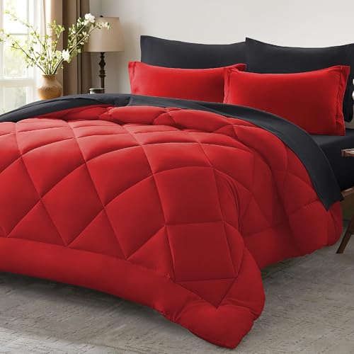 Anluoer King Size Comforter Set, 7 Piece Bed in a Bag King Bedding Sets - Reversible Red&Black, Lightweight, All Season, OEKO-TEX Certified,Down Alternative Comforter, Breathable sheets & pillowcases
