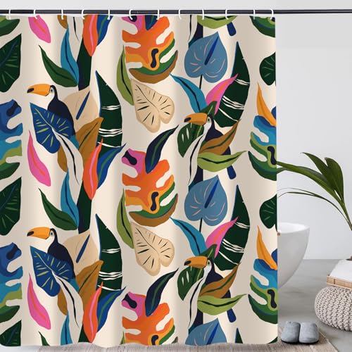 PAOPOED Colorful Leaf Shower Curtain, Boho Bird Abstract Art Jungle Plant Bathroom Curtain with 12 Hooks, Modern Asthetic Waterproof Polyester Fabric Bathroom Decor with Hooks 72x72 Inch