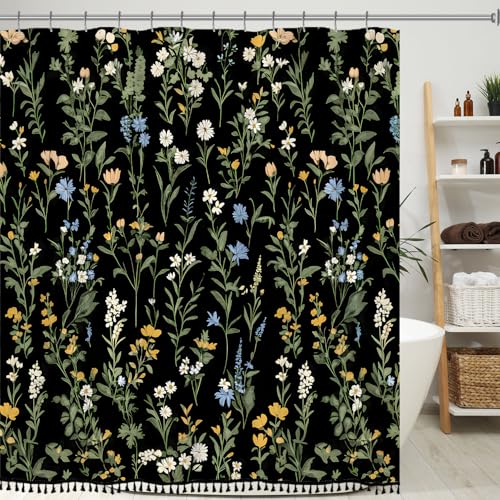 Boho Floral Shower Curtain with Tassels, Black Botanical Wildflower Flower Tassel Shower Curtain for Bathroom 72x72 Inch Waterproof Fabric Set with 12 Hooks Bohemian Country Bath Bathtub Decor