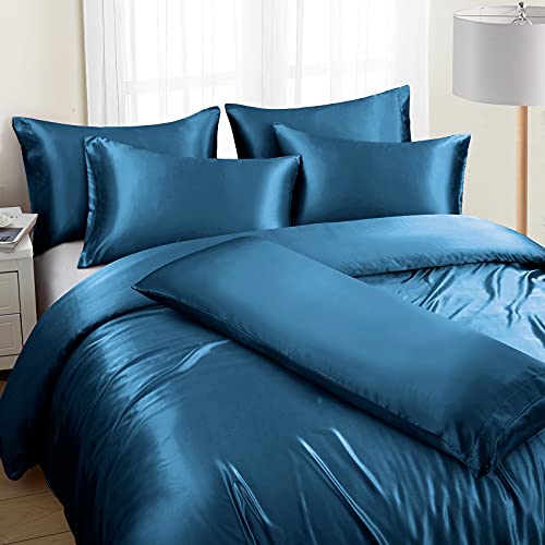 Ersmak 6 Pieces Satin Duvet Cover King Size Luxury Silky Bedding Duvet Cover Set with 1 Soft Duvet Cover, 4 King Pillowcases and 1 Body Pillowcase, Navy Blue