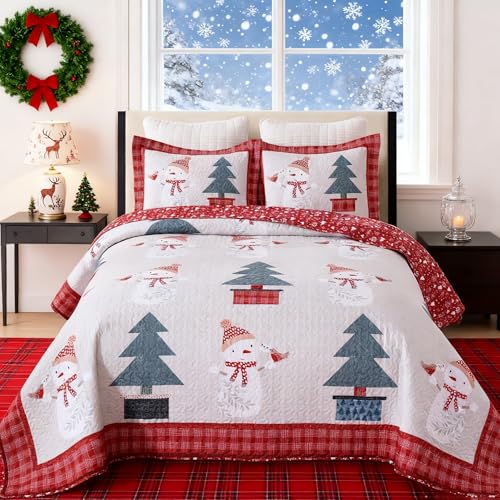 MarCielo Christmas Quilt Set 3 Piece, Reversible Holiday Bedspread with Snowman and Christmas Tree Design, Soft Lightweight Polyester Bedding