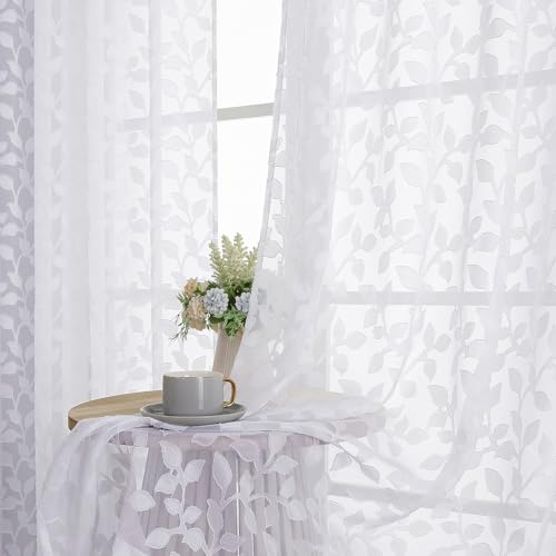 "Chyhomenyc White Sheer Curtains 72 Inches Long 2 Panels Set, Light Filtering Tufted Textured Soft Airy Rod Pocket Elegant Leaf Window Treatment Drapes for Bedroom Living Room, 42"" Wx72 L, 2PCS"