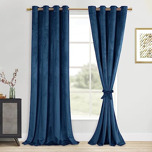 DWCN Navy Blue Blackout Velvet Curtains 84 Inches with Tiebacks - Luxury Heavy Duty Thermal Insulated Noise Absorb Grommet Window Panels for Bedroom/Living Room Backdrop Decor, W52 x L84, Set of 2