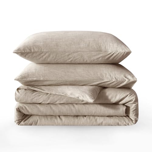 BFS HOME Stonewashed Cotton/Linen Duvet Cover Queen, 3-Piece Comforter Cover Set, Breathable and Skin-Friendly Bedding Set (Khaki, Queen)
