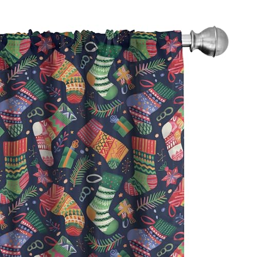"Ambesonne Christmas Curtains, Colorful Xmas Stockings with Stars Pine Tree Leaves and Present Boxes, Window Treatments 2 Panel Set for Living Room Bedroom, Pair of - 28"" x 95"", Mustard and Multicolor"