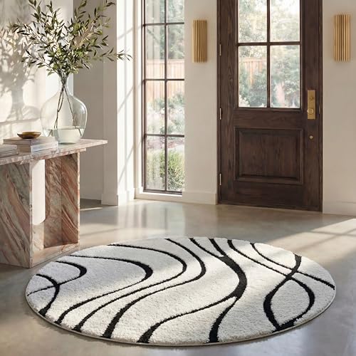 Safavieh Shag Rug for Living Room, Dining Room, Bedroom - Florida Shag Collection, High Pile, in Cream and Black, 200 x 200 cm