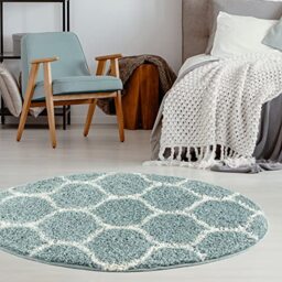 THE RUGS Shaggy Rug ??? Modern Moroccan Design Rugs for Living Room, Bedroom, Hallway, 3 cm Thick Area Rugs, (Trellis Duck egg blue/Ivory, 120cm Round)