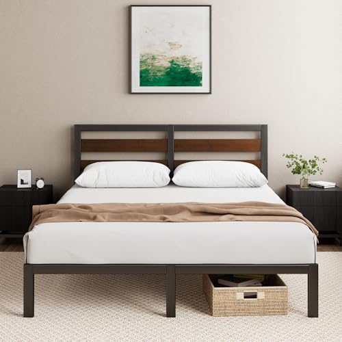 Zinus Kai Double Bed Frame with Headboard (135 x 190 cm) – Bamboo and Metal Bed Frame with Steel Slat Support, Easy Assembly – Black & Brown