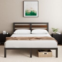 Zinus Kai Double Bed Frame with Headboard (135 x 190 cm) – Bamboo and Metal Bed Frame with Steel Slat Support, Easy Assembly – Black & Brown