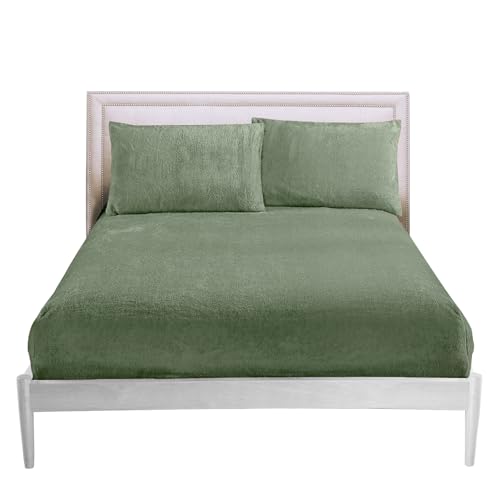 GC GAVENO CAVAILIA Fitted Sheet Single Bed (91x193 cm) - Cozy Teddy Bear Bedding Fleece Fitted Sheets, Soft Fluffy Plain Single Bed Sheet 25cm Deep Elastic Corners - Washable & Easycare, Sage Green
