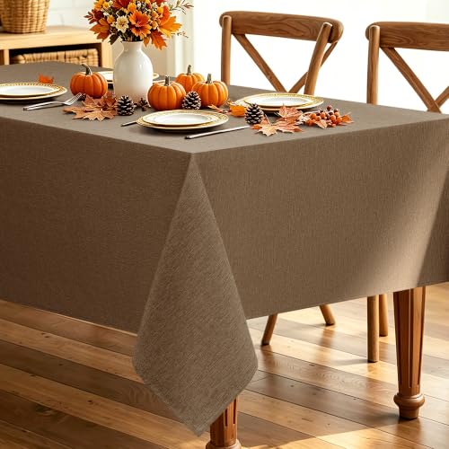 "Decorelia Faux Linen Farmhouse Table Cloth 60""x144"" for 10 ft Rectangle Table, Coffee Waterproof Outdoor Washable Tablecloth for Rectangular Dining Room Kitchen Outdoor Party Restaurant Table"