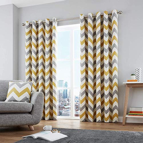 "Fusion - Chevron - 100 Percent Cotton Pair of Eyelet Curtains, Ochre, Curtains: 46"" Width x 54"" Drop (117 x 137 cm)"