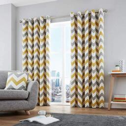 "Fusion - Chevron - 100 Percent Cotton Pair of Eyelet Curtains, Ochre, Curtains: 46"" Width x 54"" Drop (117 x 137 cm)"