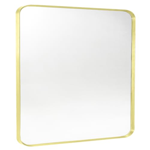 "Minuover Gold Metal Framed Bathroom Mirror for Wall, Brushed Gold Rounded Corner Rectangular Bathroom Vanity Mirror, Anti-Rust, Tempered Glass (30"" x 36"", Gold)"