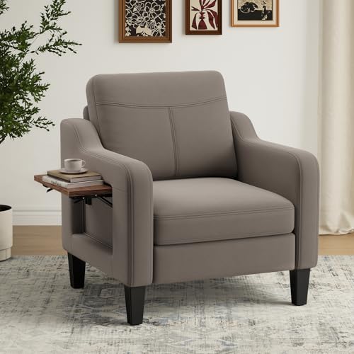 Arm Chairs for Living Room Set of 1, Accent Chair with Side Storage Pocket and Foldable Table, Fabric Armchairs with Thick Cushion, Anti-slip Solid Plastic Legs Single Sofa Chair for Bedroom, Brown