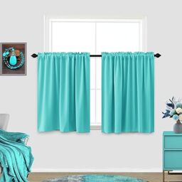 Turquoise Bathroom Curtains - Set of 2 Panels, 36 Inches Long, Room Darkening, Cafe Style, Blackout Half Curtains for Small Windows, Kitchen Cabinet Cupboards - 34x36 Length