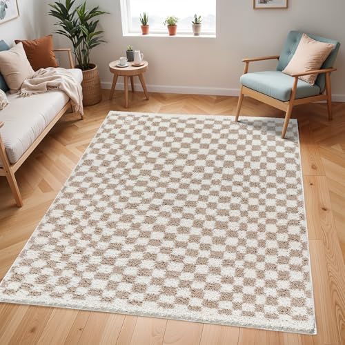 Livabliss Burgas Shaggy - Modern Area for Living Room 200x275 cm, Soft Fluffy for Bedroom, Geometric Abstract Design, Easy Care Plush Thick Pile, Large Ivory & Dark Beige