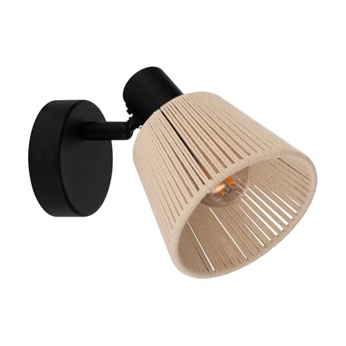 Eglo Bedside wall Light Seagard, Indoor Boho lamp with Adjustable Spotlight, Reading lamp, Bedroom and Living Room Lighting, Black Steel, Raffia Paper in Natural Colours, E14 Socket