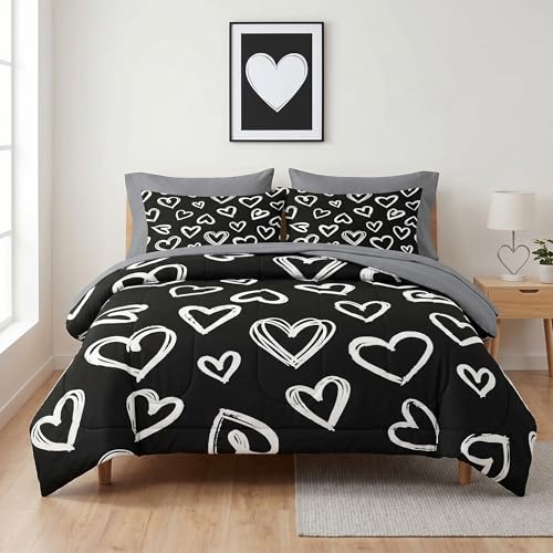 Pamnest Comforter Set Queen Size, Love Cute 7 Pcs Bedding for Kids and Adults, Heart White Bed Sheet Sets with Fitted Sheet 2 Pillowcases & 2 Shams for Bedroom Bed Decor