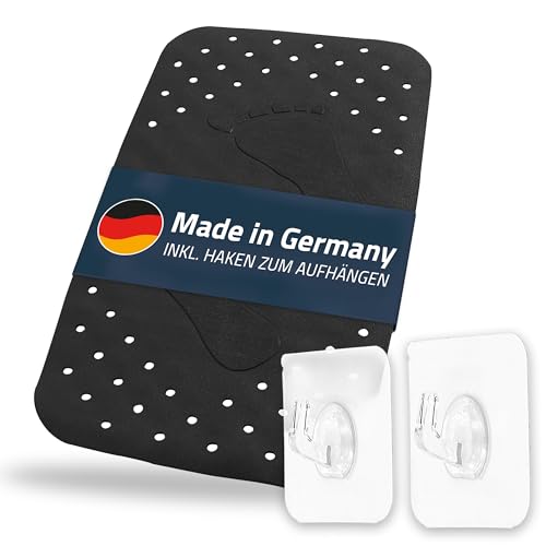 Step Bath Mat Approx. 38 x 72 cm, Black, 100% TPE - Includes 2 Hooks - Free from PVC, Phthalates, Lead, Latex - TÜV Tested - Made in Germany