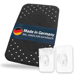Step Bath Mat Approx. 38 x 72 cm, Black, 100% TPE - Includes 2 Hooks - Free from PVC, Phthalates, Lead, Latex - TÜV Tested - Made in Germany