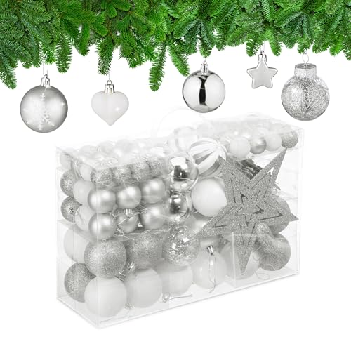 Relaxdays Christmas Ornaments, Set of 101, Glittering, Tree Decorations, Baubles & Stars, Plastic, Traditional, Silver