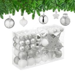Relaxdays Christmas Ornaments, Set of 101, Glittering, Tree Decorations, Baubles & Stars, Plastic, Traditional, Silver