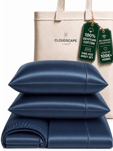 Cloud Scape Linen Engineered Dual-Ply Egyptian Cotton King Size Sheet Set ??? Long-Staple Sateen Weave, 4-Piece Soft Hotel Quality Bedding Set,Deep Pockets Up to 16???, Dark Denim