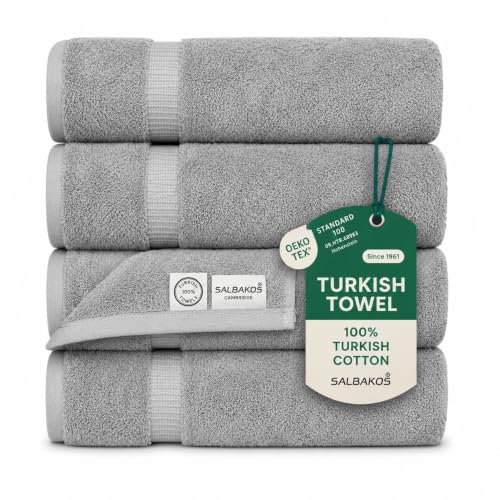 SALBAKOS 100% Turkish Cotton Towels (Silver, 4 Bath Towels) - Standard Size, 630 Gsm Thick Super Soft Highly Absorbent Quick-Dry Bathroom Towel, Premium Hotel & Spa Quality Made in Turkey