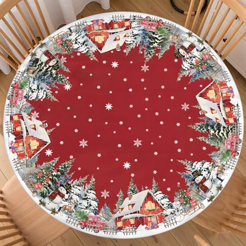 ABSOP Christmas Red Round Fitted Tablecloth with Elastic Edge 40-44 Inch Xmas Tree Table Cover Snowflake Tablecloth Washable Winter Table Cloth for Kitchen Dining Party Picnic